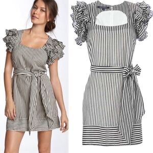 French Connection Candy Stripe Fril Sleeve Dress in Black